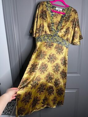 Tibi Yellow and Brown Floral V‑Neck Midi Dress silk size 10